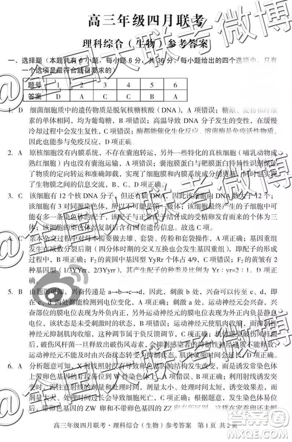2019年高三年級(jí)四月聯(lián)考文理綜參考答案