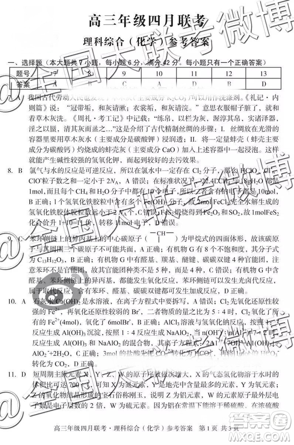 2019年高三年級(jí)四月聯(lián)考文理綜參考答案