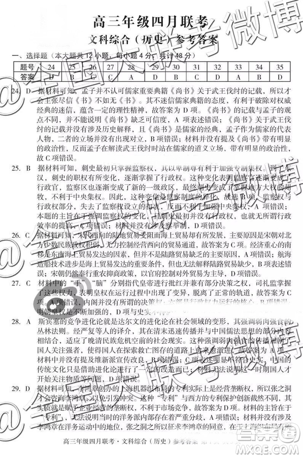 2019年高三年級(jí)四月聯(lián)考文理綜參考答案