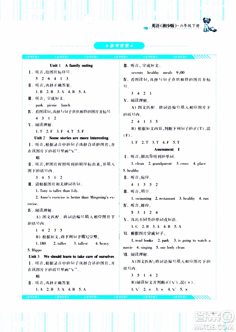 2019年湘少版六年級(jí)下冊(cè)英語課程基礎(chǔ)訓(xùn)練參考答案