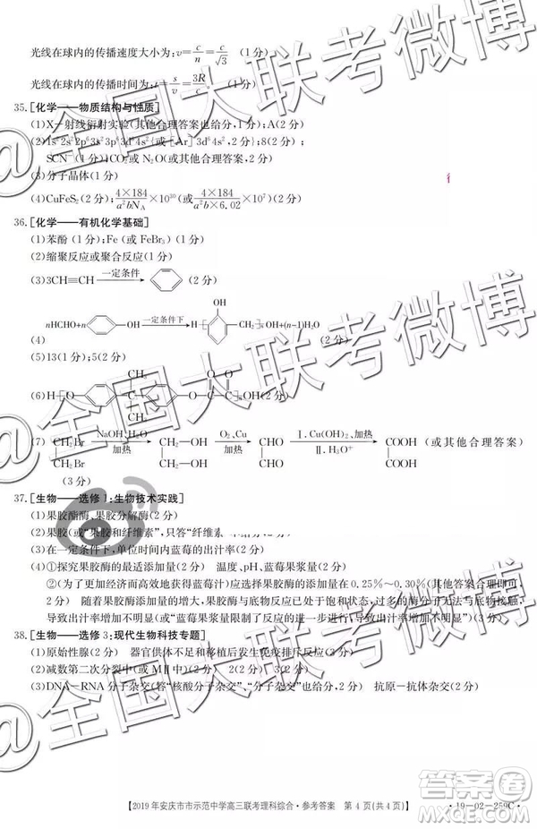 2019年4月安慶市示范中學高三聯(lián)考文理綜參考答案