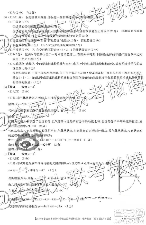 2019年4月安慶市示范中學高三聯(lián)考文理綜參考答案