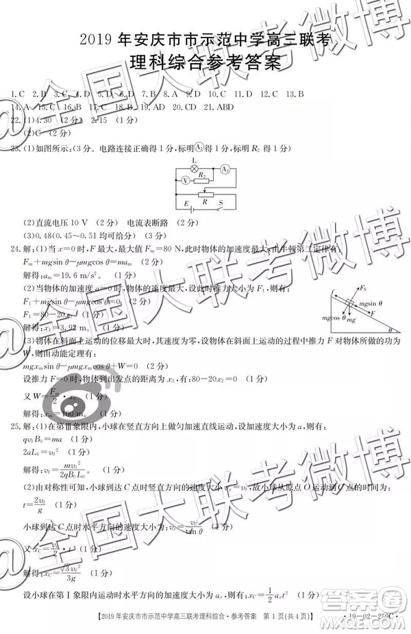 2019年4月安慶市示范中學高三聯(lián)考文理綜參考答案