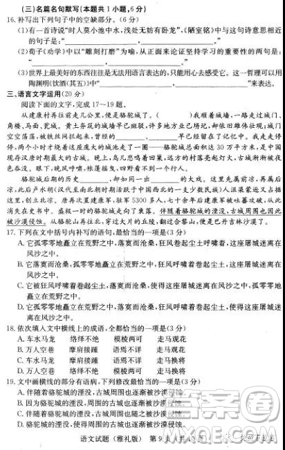 2019年雅禮中學(xué)高三第八次月考語文試題及答案