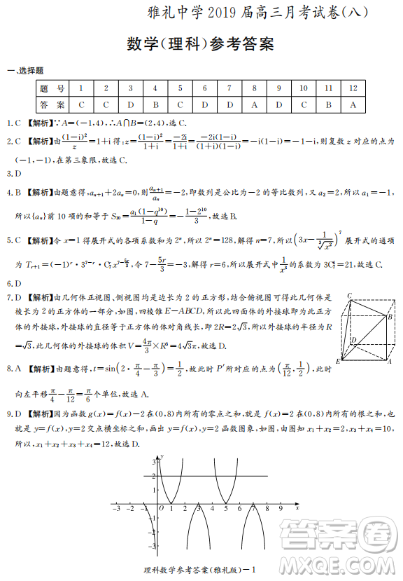 2019年雅禮中學高三第八次月考文理數(shù)試題及答案