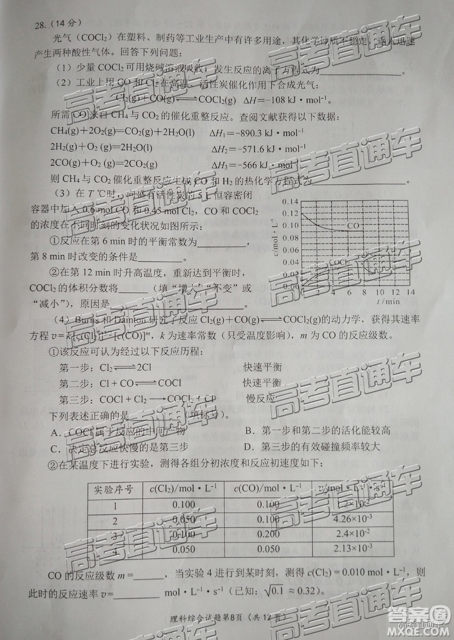2019年綿陽三診文理綜試題及參考答案