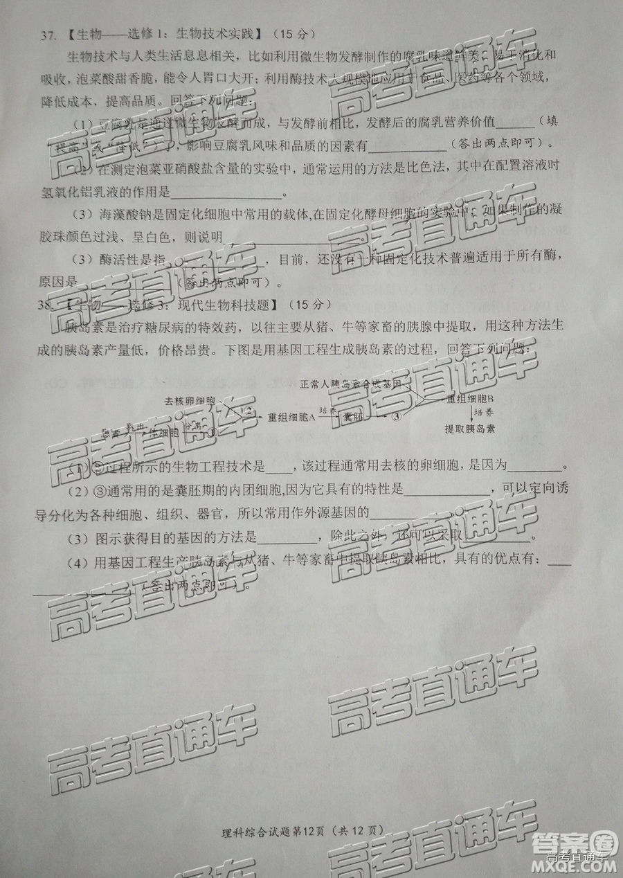 2019年綿陽三診文理綜試題及參考答案
