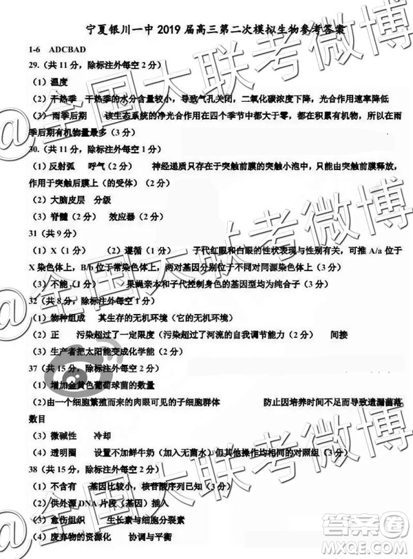 銀川一中2019屆高三第二次模擬考文理綜參考答案