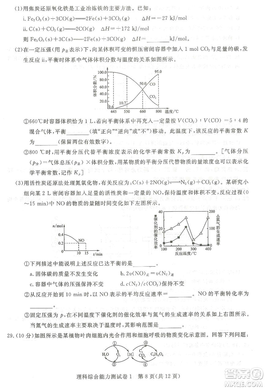 2019年普通高等學(xué)校招生全國統(tǒng)一考試押題卷一理科綜合答案