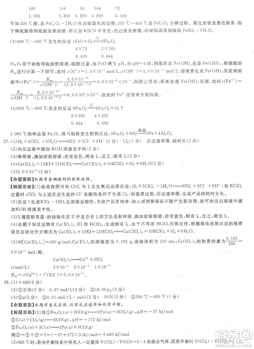 2019年普通高等學(xué)校招生全國統(tǒng)一考試押題卷一理科綜合答案