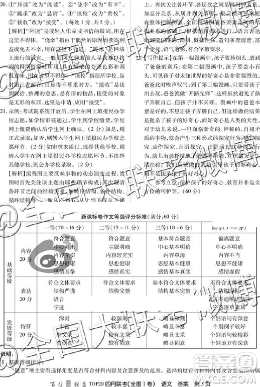2019年百校聯(lián)盟top20四月聯(lián)考Ⅰ、Ⅱ卷語文答案