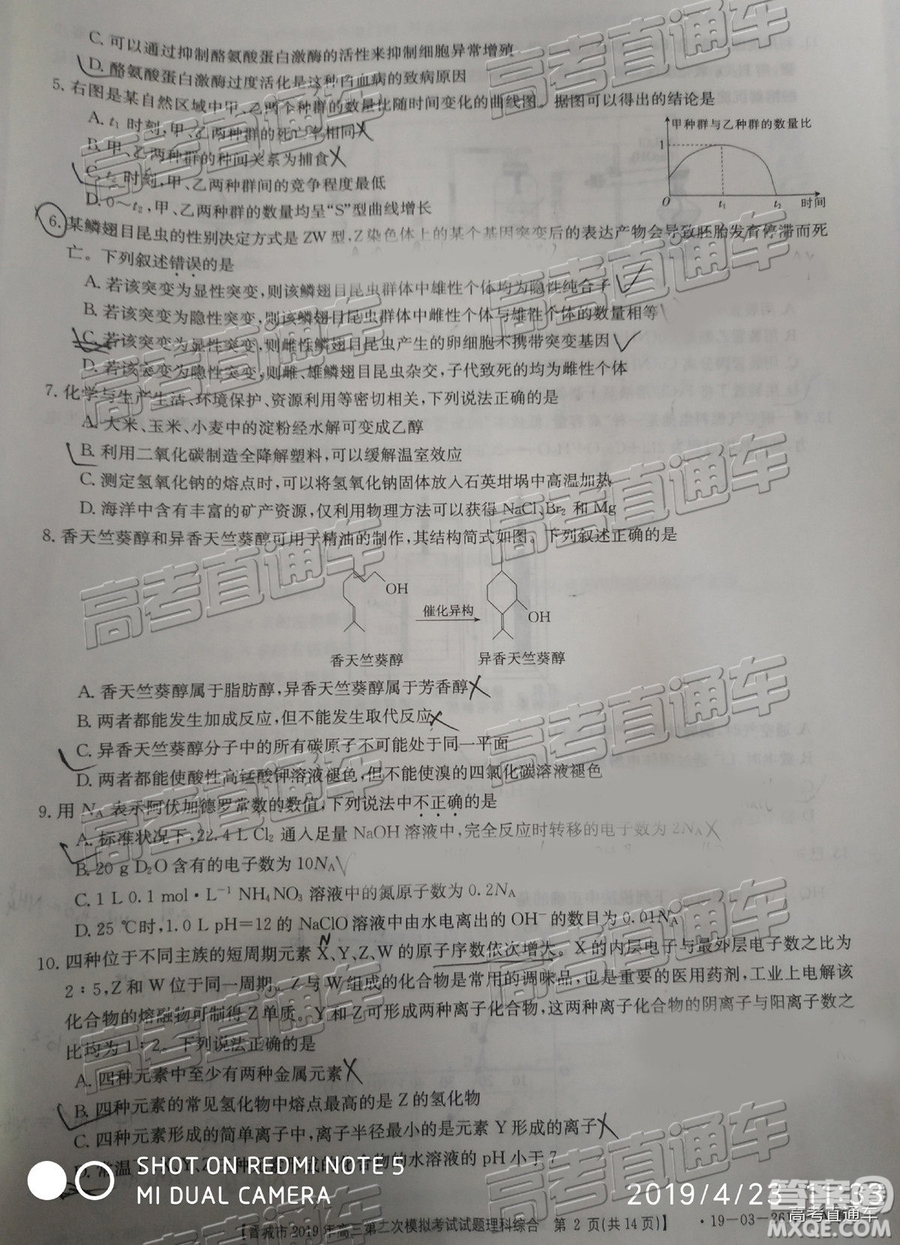2019年晉城二模理綜試題及參考答案