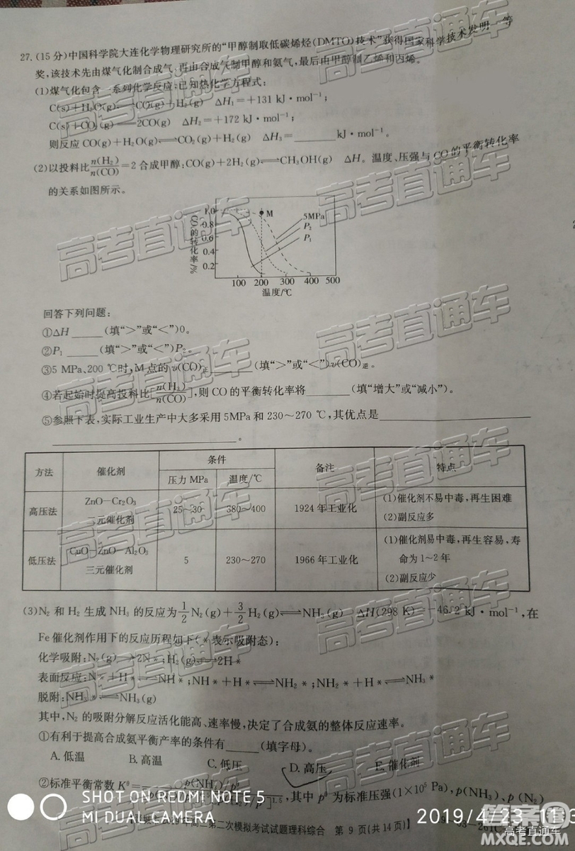 2019年晉城二模理綜試題及參考答案