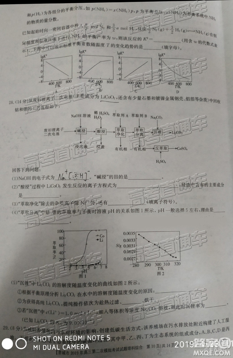 2019年晉城二模理綜試題及參考答案