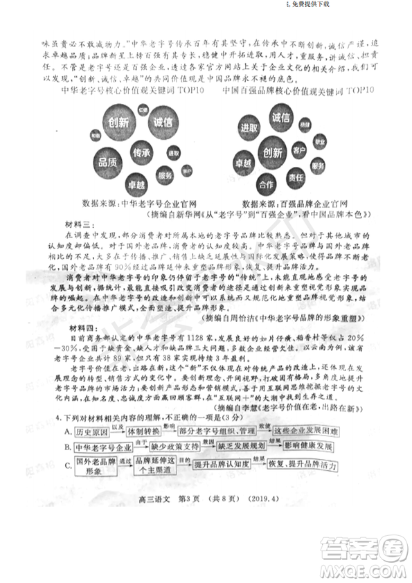 2019年洛陽市高三下學期尖子生第二次聯(lián)考語文試卷及答案