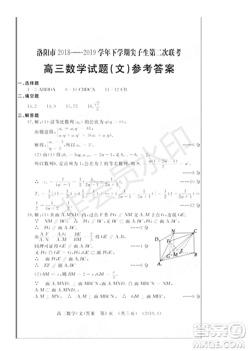 2019年洛陽市高三下學(xué)期尖子生第二次聯(lián)考文理數(shù)試題及答案