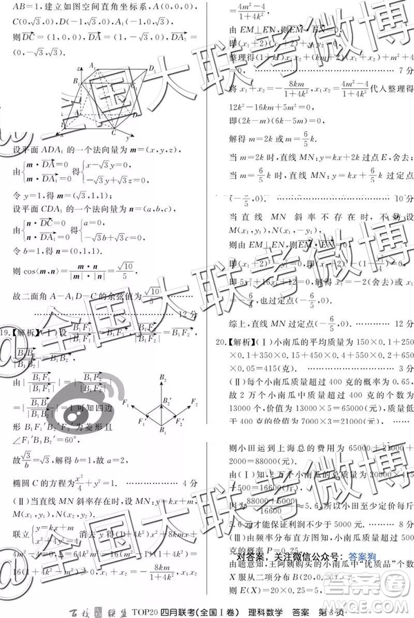 2019年百校聯(lián)盟TOP20四月聯(lián)考全國(guó)Ⅰ文理數(shù)參考答案