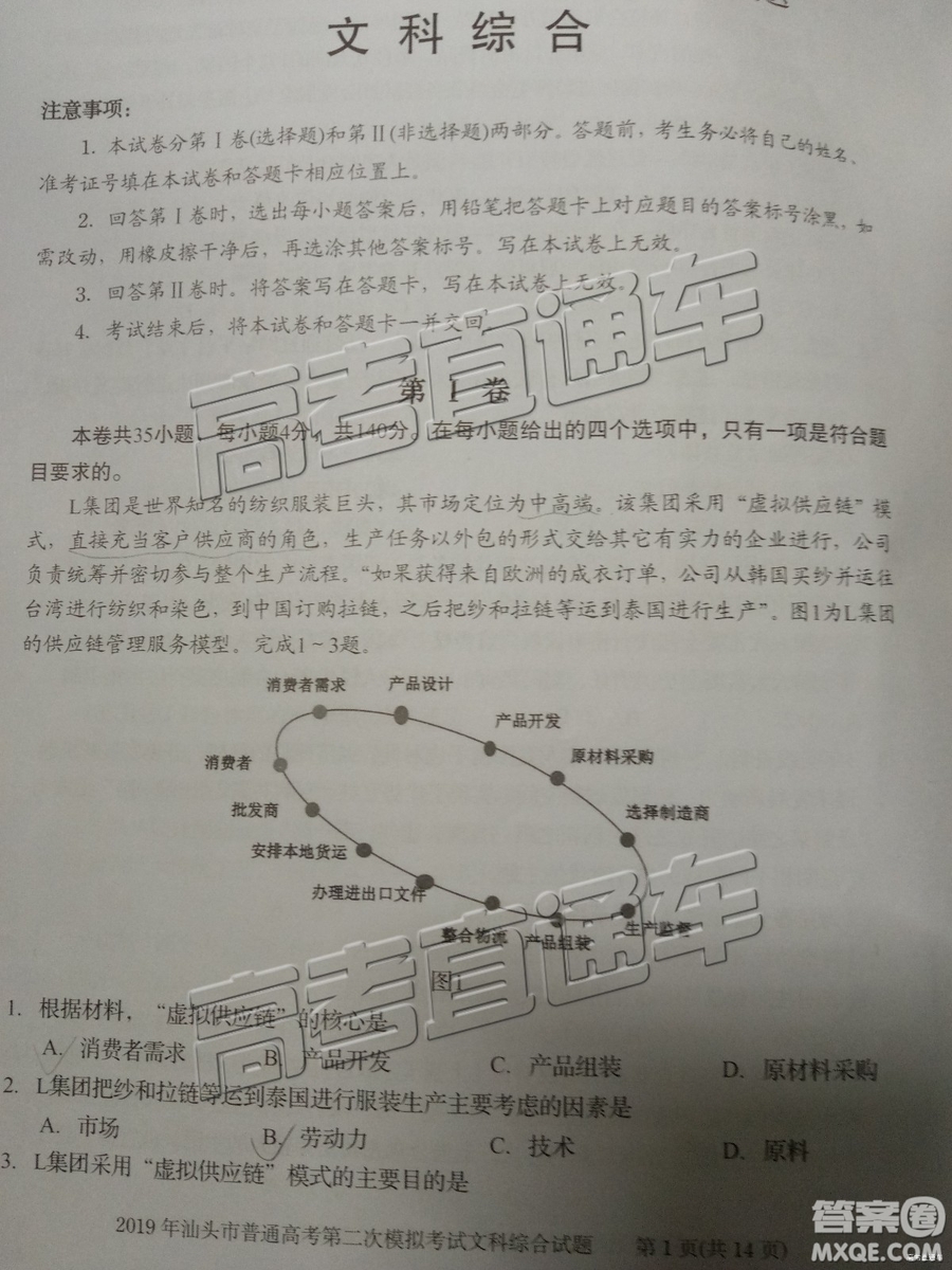 2019年汕頭二模文綜試題及參考答案