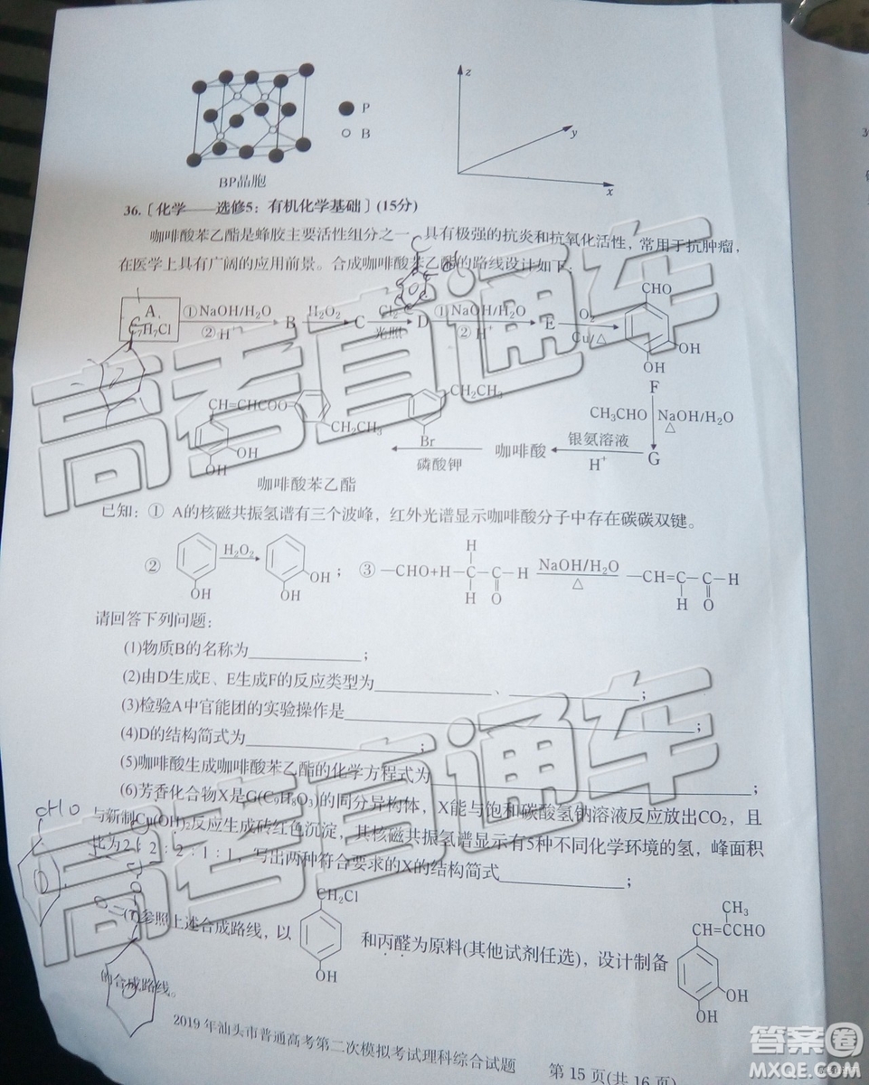 2019年汕頭二模理綜試題及參考答案
