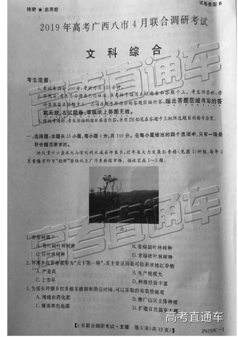 2019年廣西八市4月聯(lián)合調(diào)研文理綜試題及參考答案