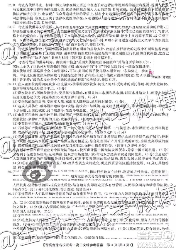 2019年4月晉冀魯豫名校聯(lián)考文理綜參考答案
