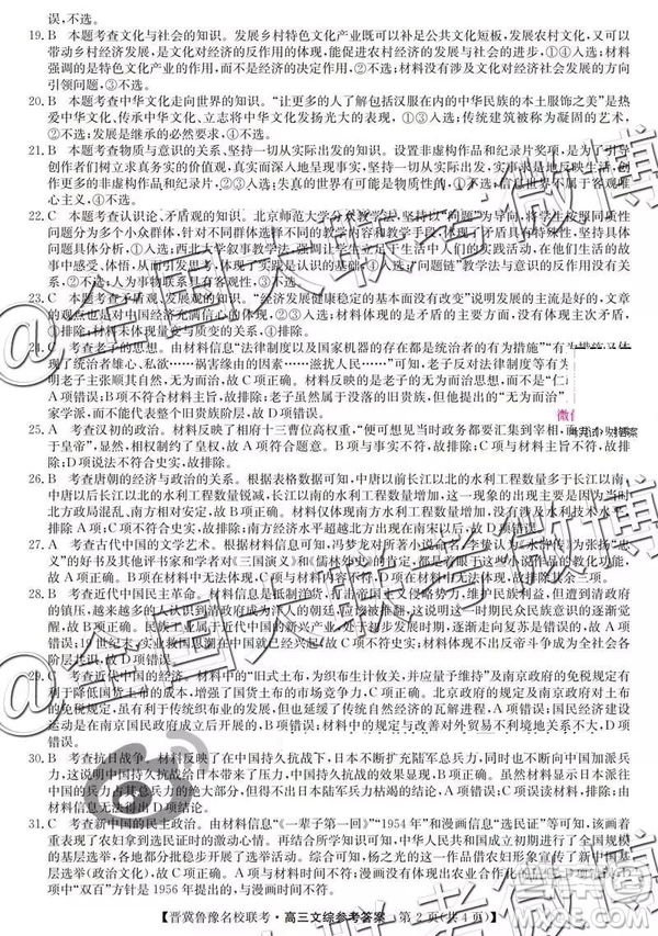 2019年4月晉冀魯豫名校聯(lián)考文理綜參考答案