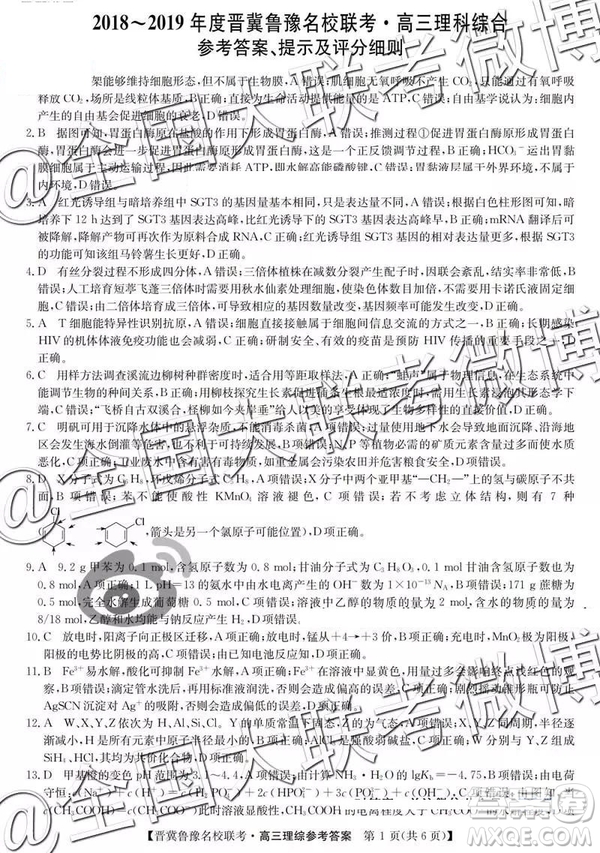 2019年4月晉冀魯豫名校聯(lián)考文理綜參考答案