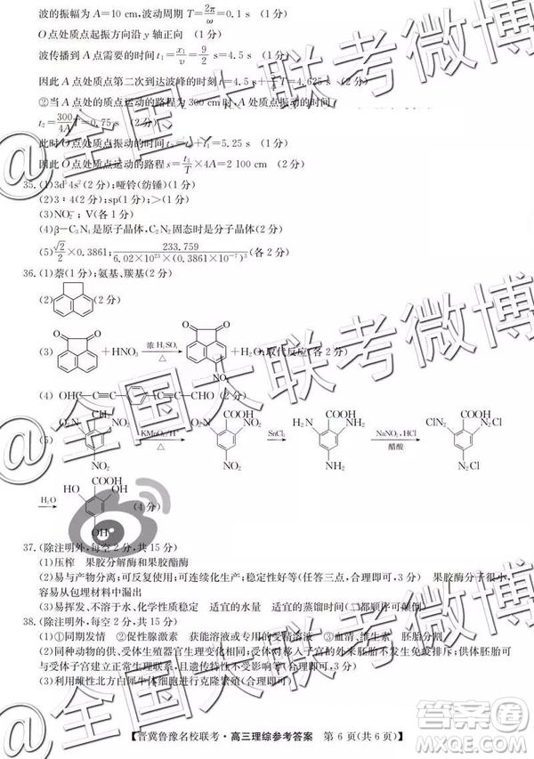 2019年4月晉冀魯豫名校聯(lián)考文理綜參考答案