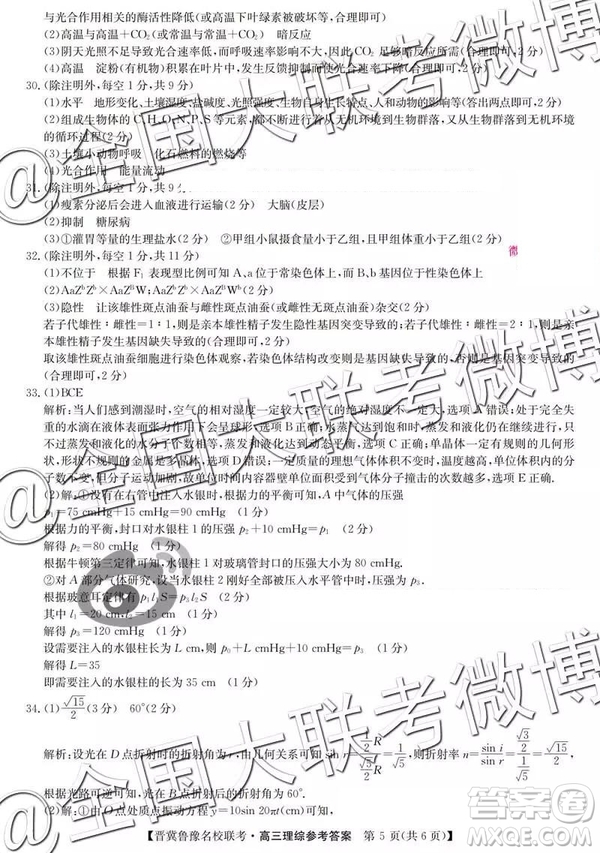 2019年4月晉冀魯豫名校聯(lián)考文理綜參考答案