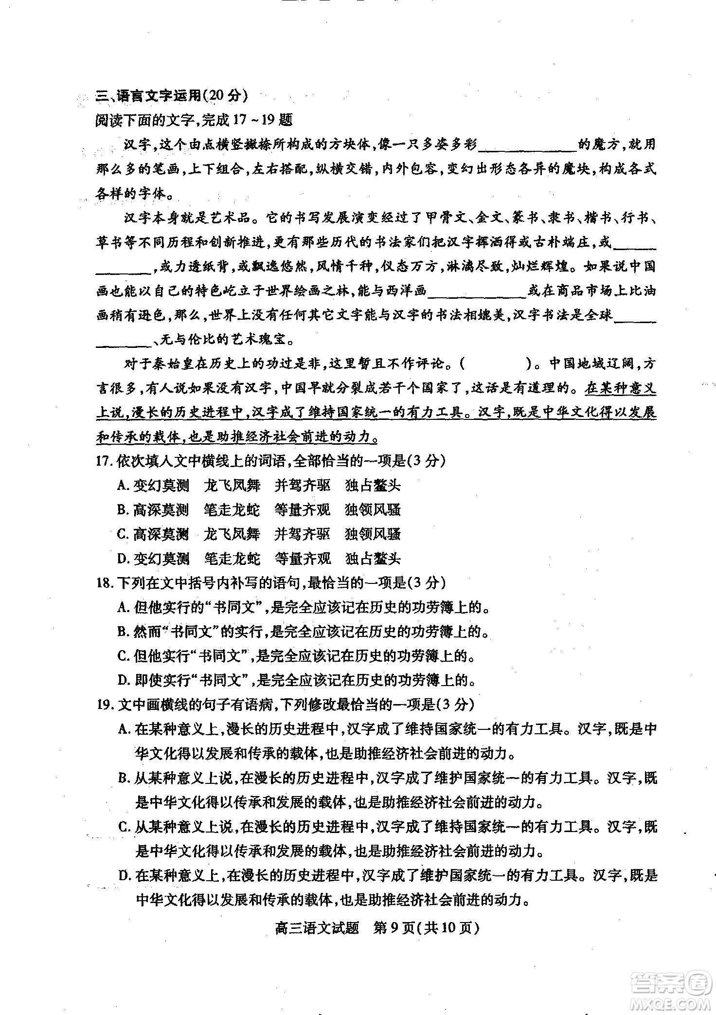 2019年運城市高三高考適應(yīng)性測試語文試卷及答案