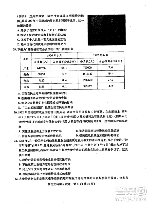 2019年運城市高三高考適應性測試文理綜試卷及答案