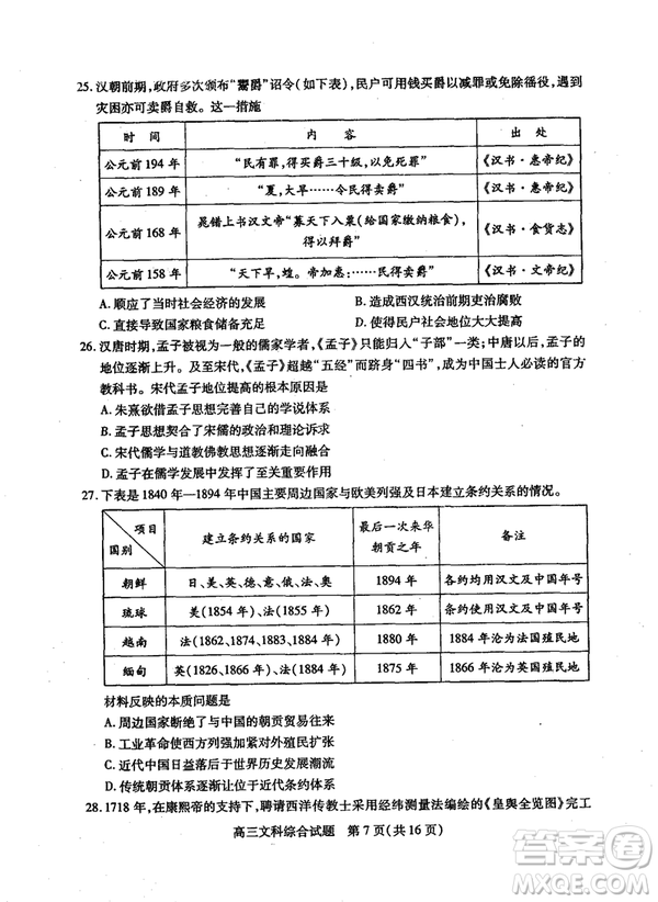 2019年運城市高三高考適應性測試文理綜試卷及答案