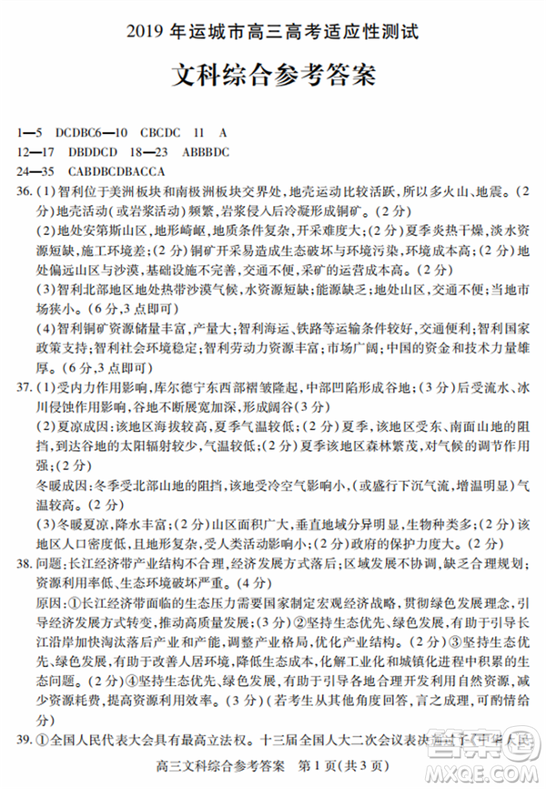 2019年運城市高三高考適應性測試文理綜試卷及答案