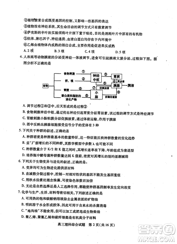 2019年運城市高三高考適應性測試文理綜試卷及答案