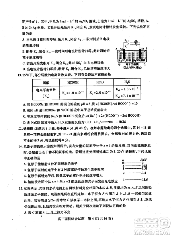 2019年運城市高三高考適應性測試文理綜試卷及答案