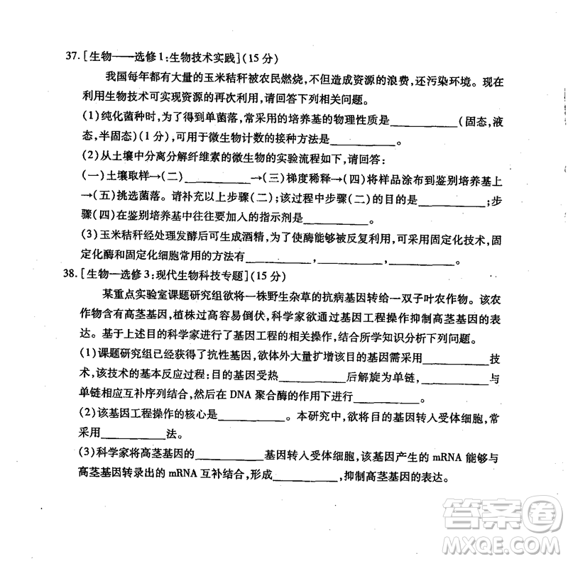 2019年運城市高三高考適應性測試文理綜試卷及答案