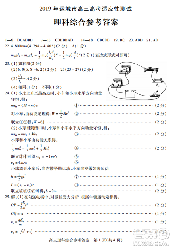 2019年運城市高三高考適應性測試文理綜試卷及答案