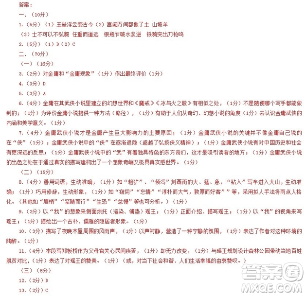 上海松江區(qū)閔行區(qū)2018學年度第二學期模擬考質(zhì)量監(jiān)控試卷高三語文答案