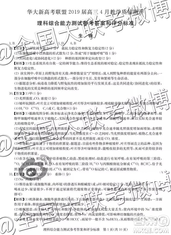 華大新高考聯(lián)盟2019屆高三4月教學(xué)質(zhì)量測評文理綜參考答案
