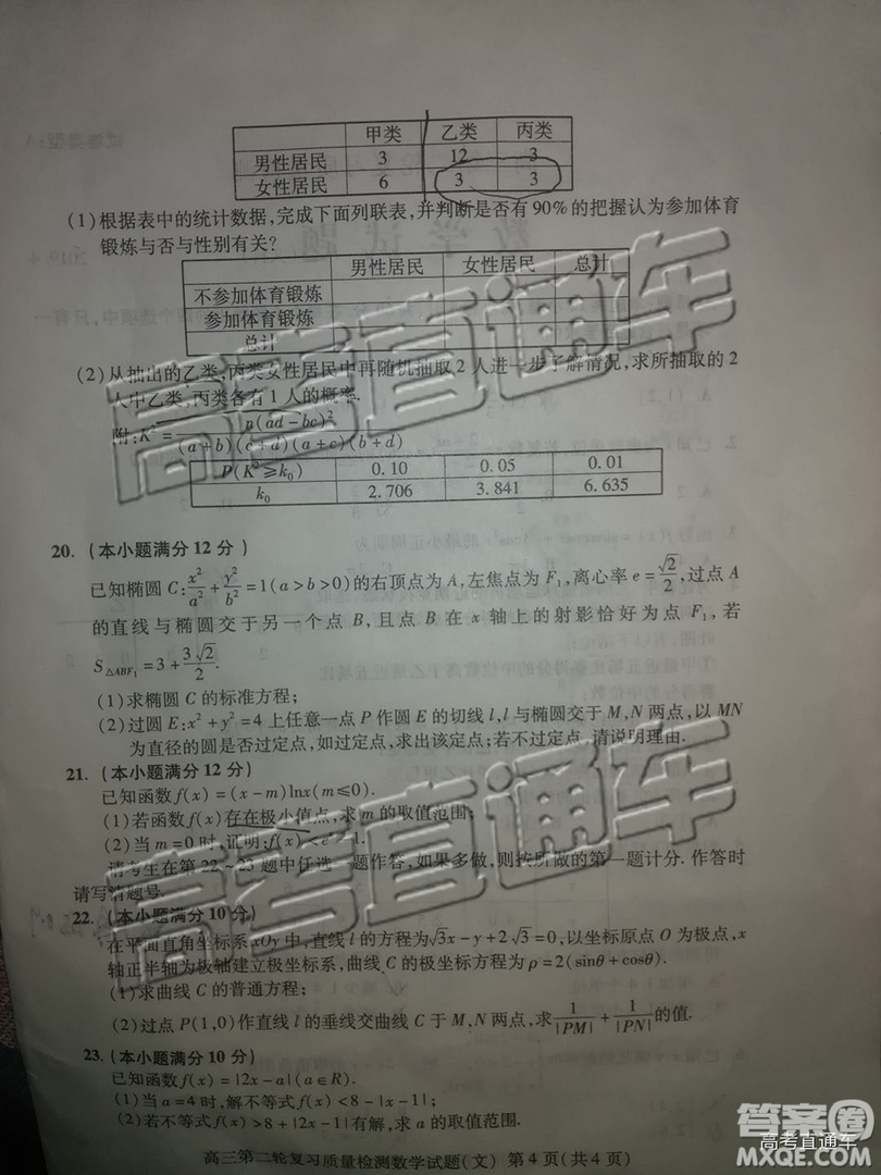 2019年泰安二模文理數(shù)試題及參考答案