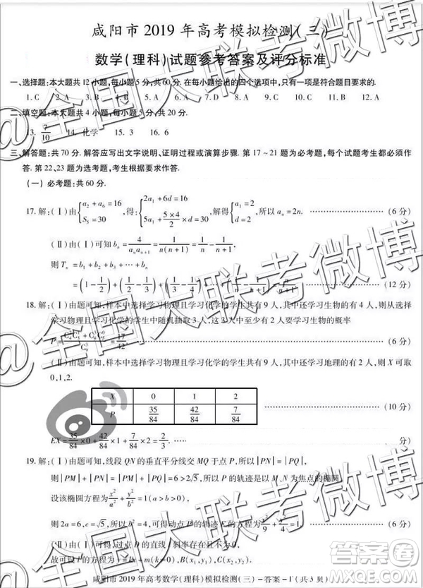 2019年高三咸陽三模文理數(shù)參考答案