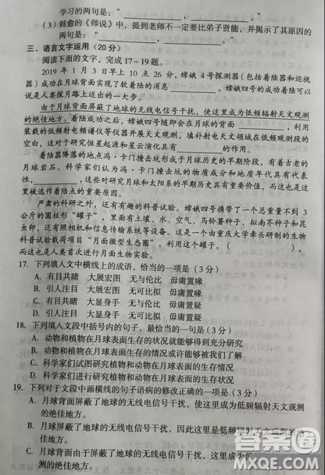 2019屆安徽省毛坦廠中學(xué)高三校區(qū)4月聯(lián)考語(yǔ)文試題及答案