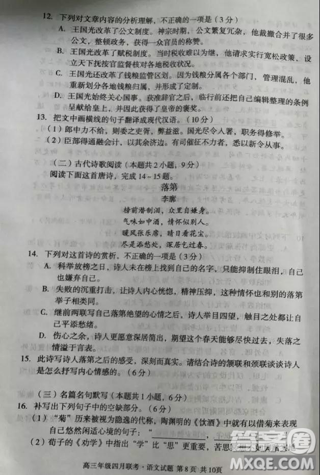 2019屆安徽省毛坦廠中學(xué)高三校區(qū)4月聯(lián)考語(yǔ)文試題及答案