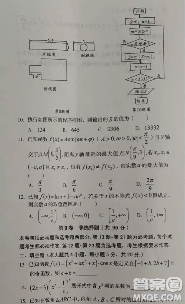 2019屆安徽省毛坦廠中學(xué)高三校區(qū)4月聯(lián)考理數(shù)試題及答案
