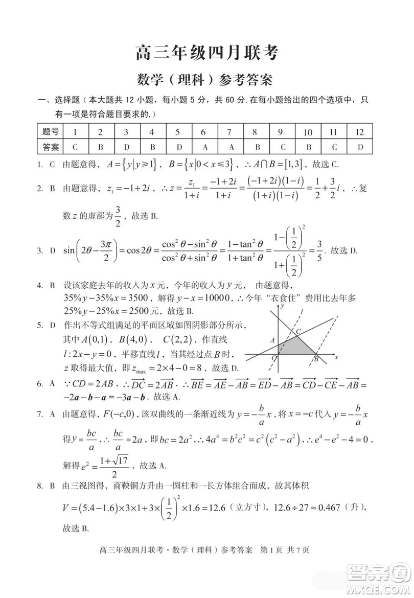 2019屆安徽省毛坦廠中學(xué)高三校區(qū)4月聯(lián)考理數(shù)試題及答案
