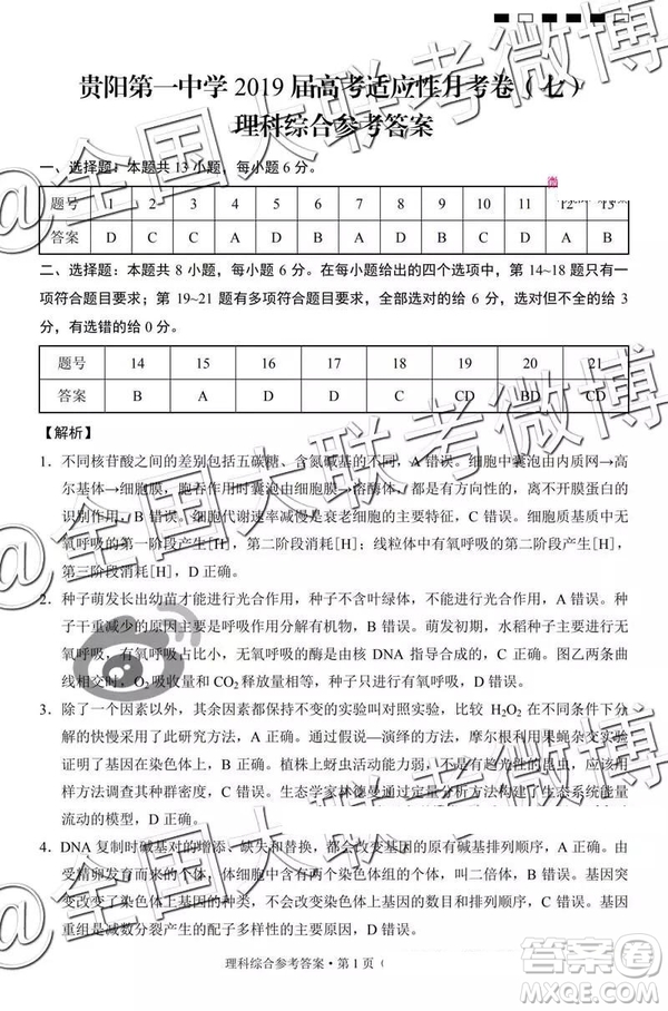 貴陽(yáng)第一中學(xué)2019屆高考適應(yīng)性月考卷七文理綜參考答案