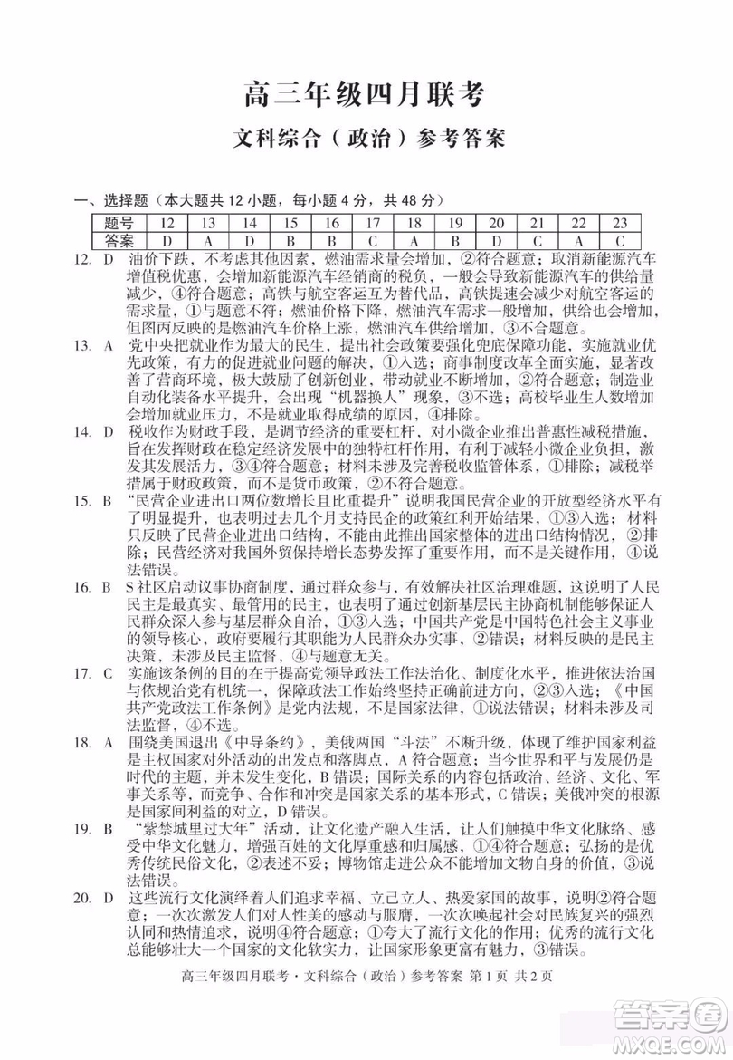2019屆安徽省毛坦廠中學(xué)高三校區(qū)4月聯(lián)考文數(shù)試題及答案
