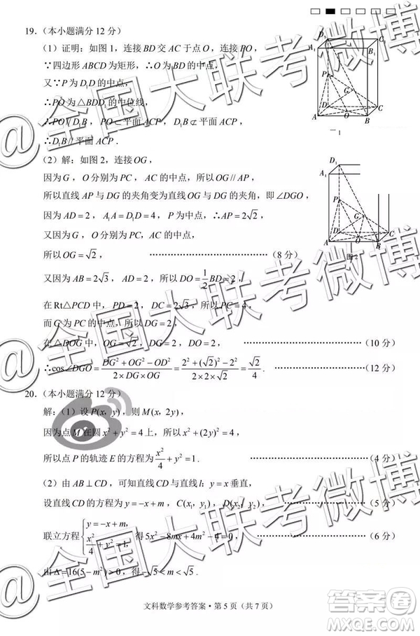 2019年云南民族中學高三第七次月考文理數(shù)參考答案