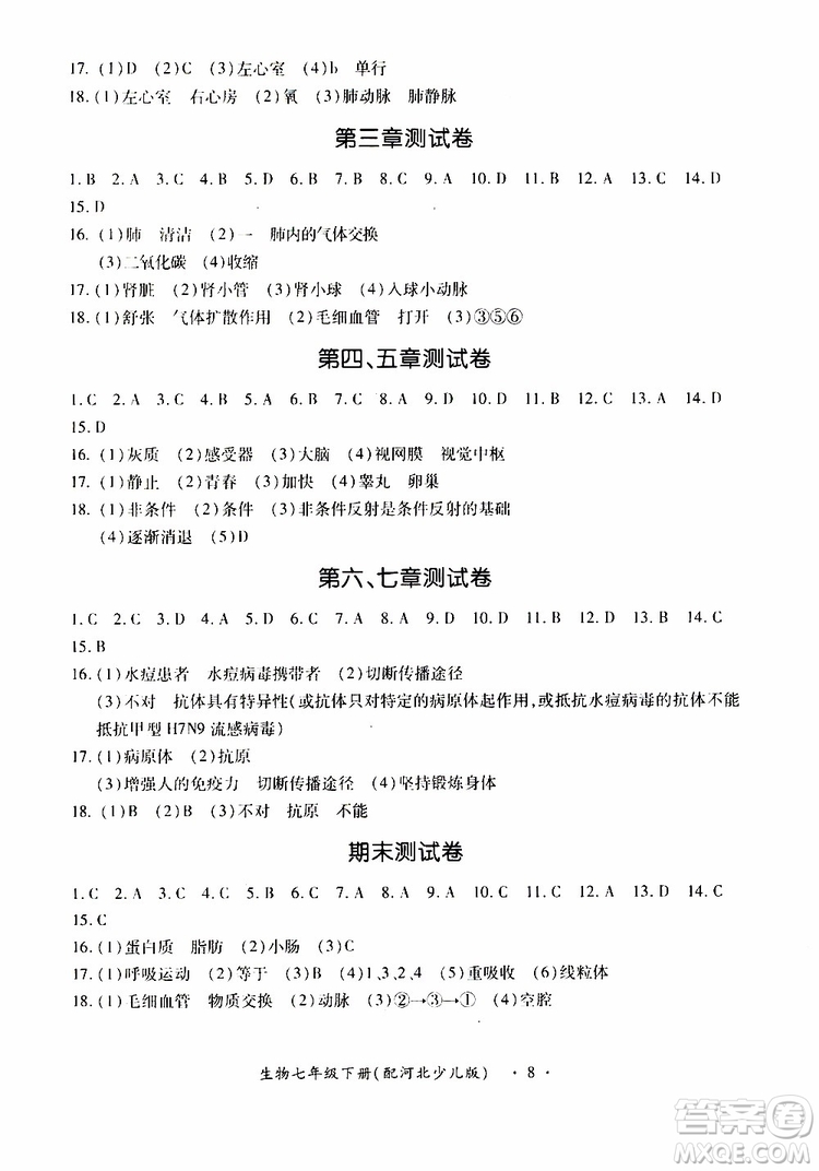 河北少兒版2019年一課一練創(chuàng)新練習(xí)七年級下冊生物參考答案