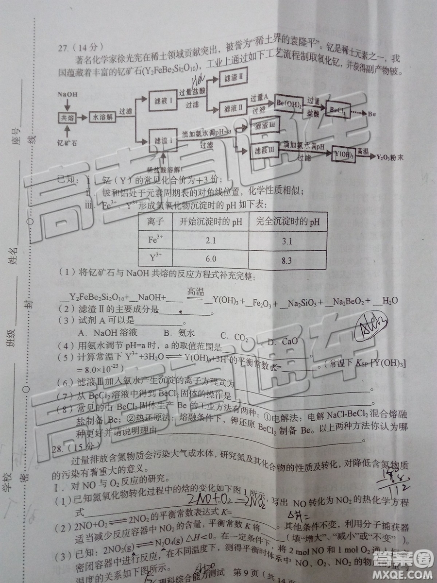 2019年漳州三檢、龍巖二檢理綜試題及參考答案